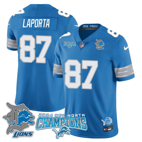 Detroit Lions 2024 NFC North Champions Gold Jersey N1 – All Stitched – Sam LaPorta – 87 – Blue Jersey