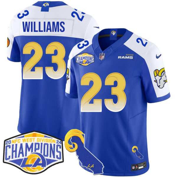 Los Angeles Rams 2024 NFC West Division Champions Jersey N1 – All Stitched – Kyren Williams – 23 – Royal Alternate Jersey