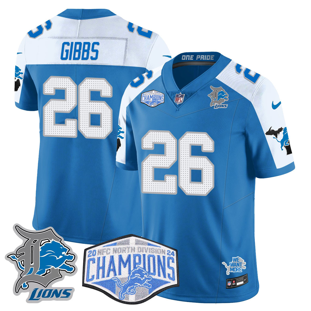 Detroit Lions 2024 NFC North Champions Gold Jersey – All Stitched – Jahmyr Gibbs – 26 – Blue Alternate Jersey
