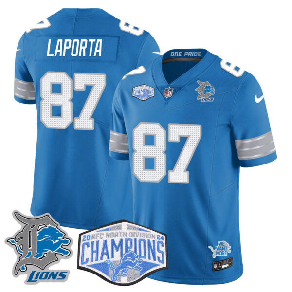Detroit Lions 2024 NFC North Champions Gold Jersey – All Stitched – Sam LaPorta – 87 – Blue Jersey