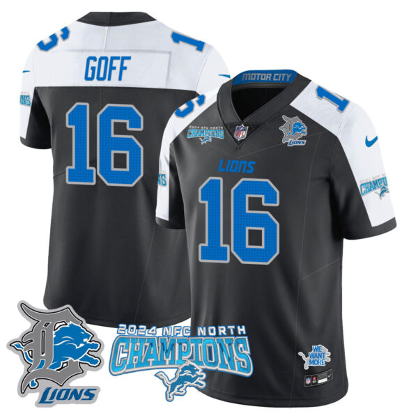 Detroit Lions 2024 NFC North Champions Gold Jersey N1 – All Stitched – Jared Goff – 16 – Black Alternate Jersey