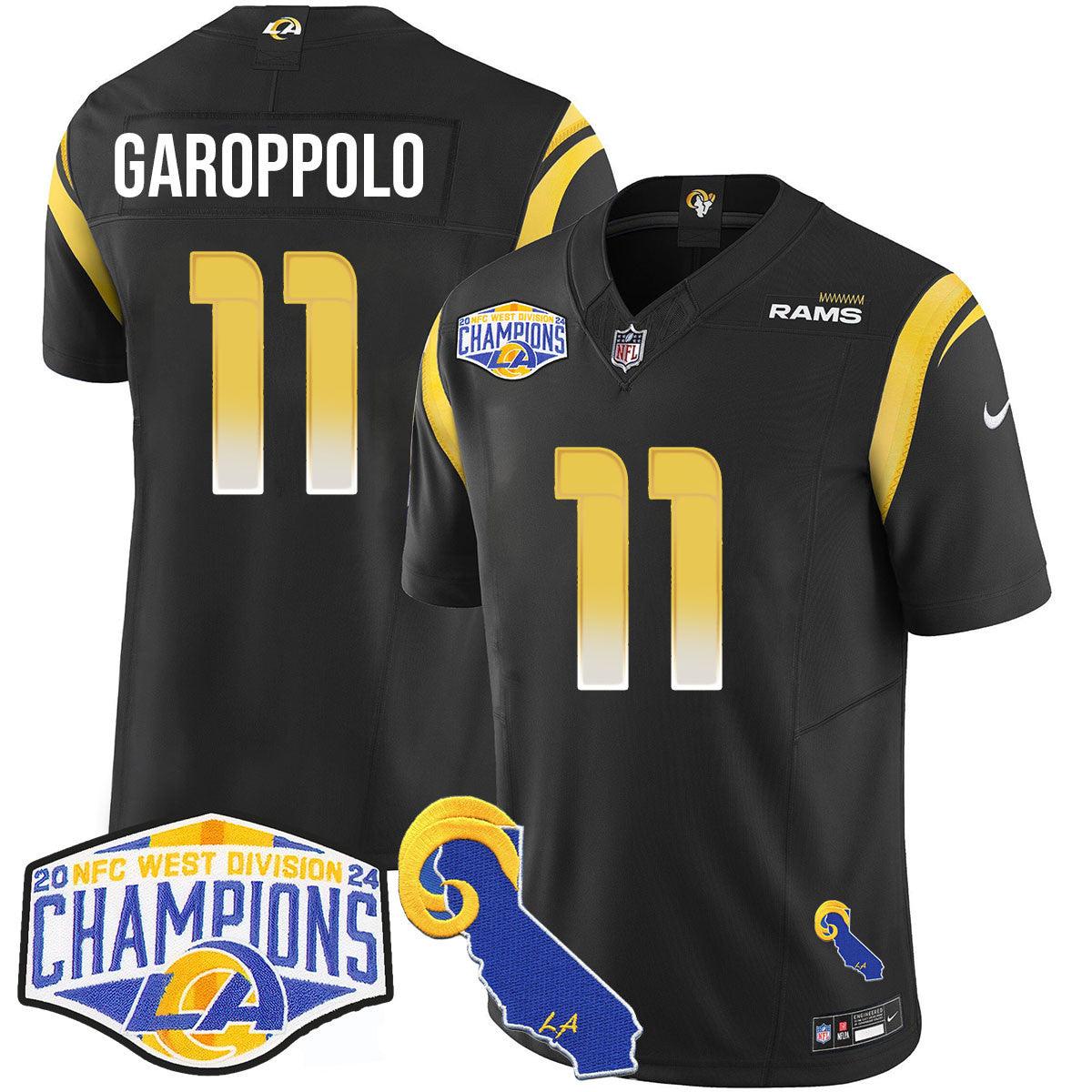 Los Angeles Rams 2024 NFC West Division Champions Jersey N1 – All Stitched – Jimmy Garoppolo – 11 – Black Jersey