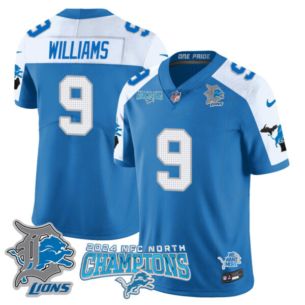 Detroit Lions 2024 NFC North Champions Gold Jersey N1 – All Stitched – Jameson Williams – 9 – Blue Alternate Jersey