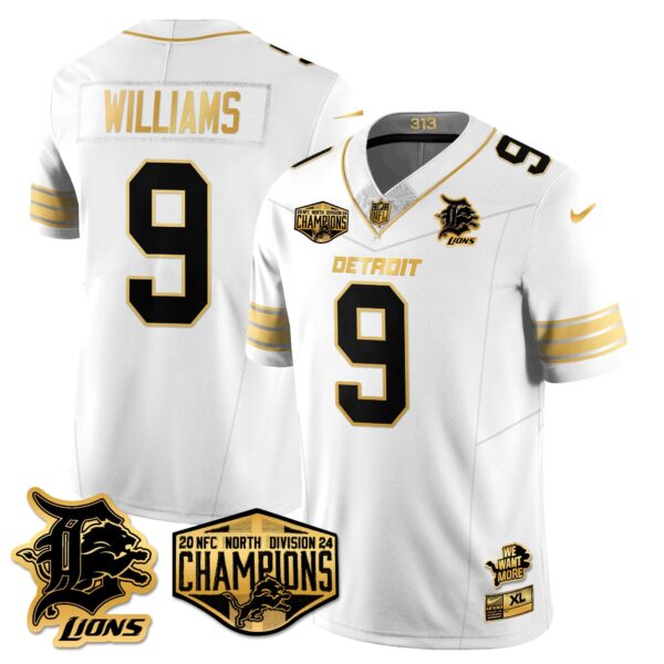 Detroit Lions 2024 NFC North Champions Gold Jersey – All Stitched – Jameson Williams – 9 – White Gold Jersey