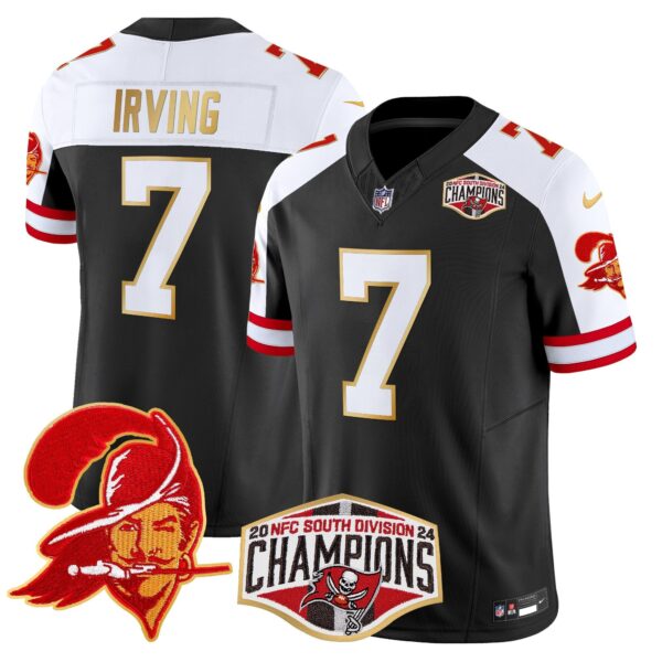Buccaneers Creamsicle 2024 NFC South Division Champions Patch Gold Trim Vapor Limited Jersey – All Stitched – Black Alternate – Bucky Irving Jersey