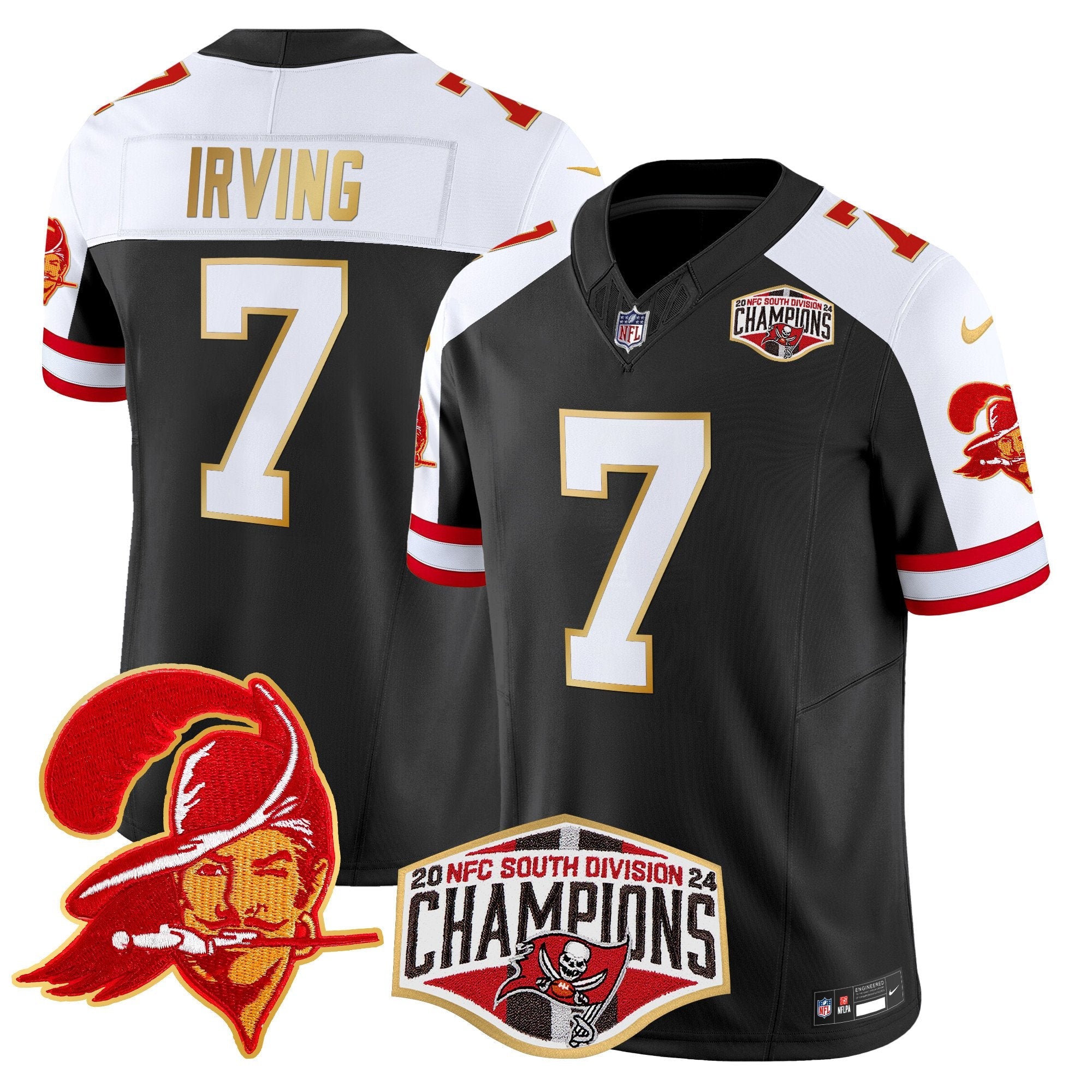 Buccaneers Creamsicle 2024 NFC South Division Champions Patch Gold Trim Vapor Limited Jersey – All Stitched – Black Alternate – Bucky Irving Jersey