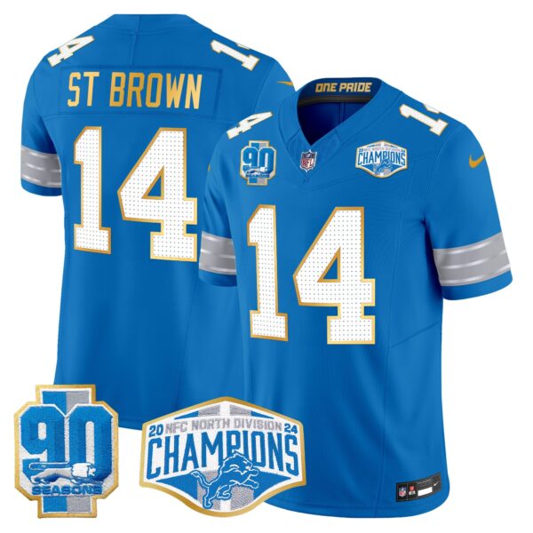 Detroit Lions 2024 NFC North Division Champions Patch Gold Trim Vapor Limited Jersey – All Stitched – Blue – St. Brown Jersey