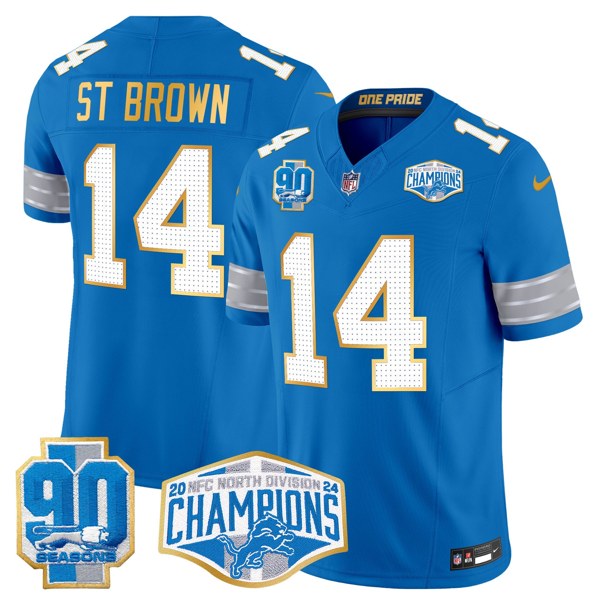 Detroit Lions 2024 NFC North Division Champions Patch Gold Trim Vapor Limited Jersey – All Stitched – Blue – St. Brown Jersey