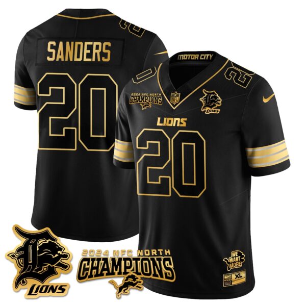 Detroit Lions 2024 NFC North Champions Gold Jersey N1 – All Stitched – Barry Sanders – 20 – Black Gold Jersey