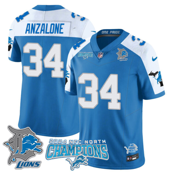 Detroit Lions 2024 NFC North Champions Gold Jersey N1 – All Stitched – Alex Anzalone – 34 – Blue Alternate Jersey