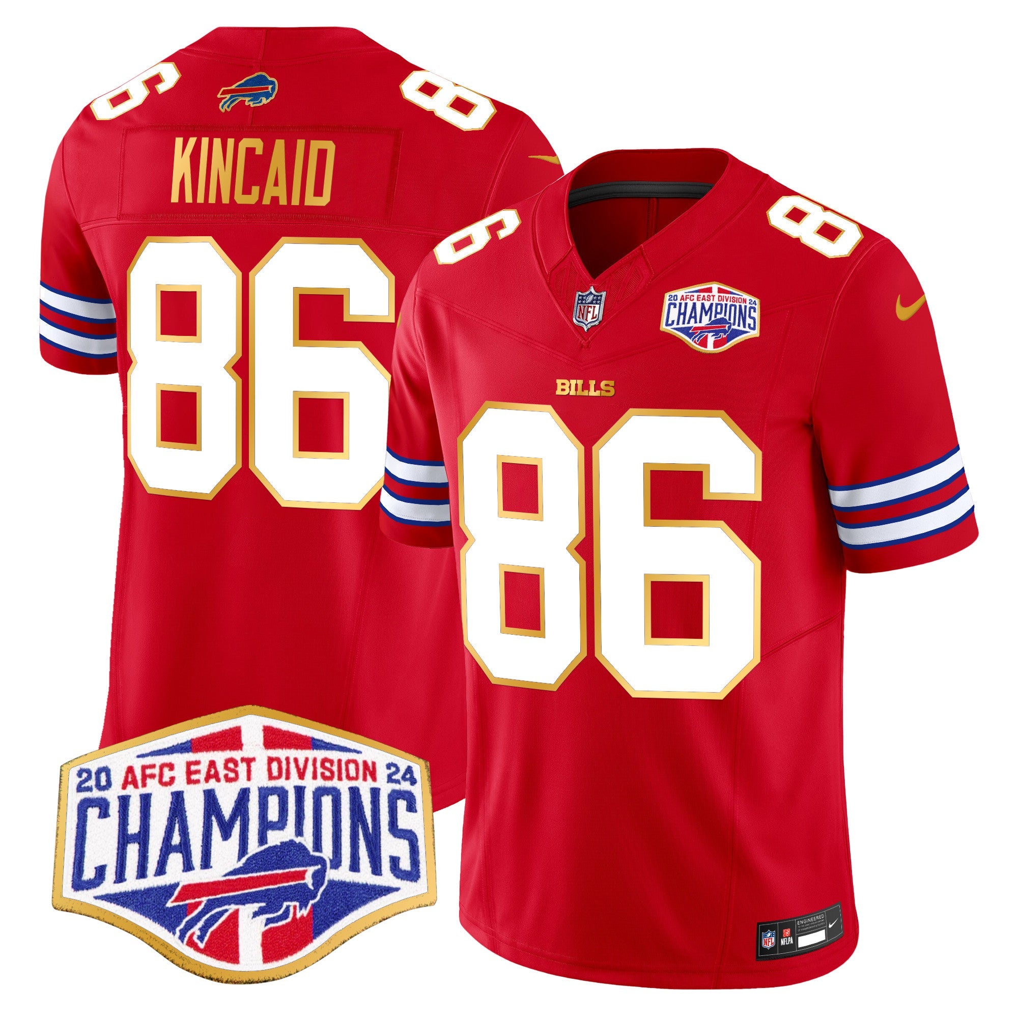 Bills 2024 AFC East Division Champions Gold Trim Vapor Limited Jersey – All Stitched – Red – Dalton Kincaid Jersey