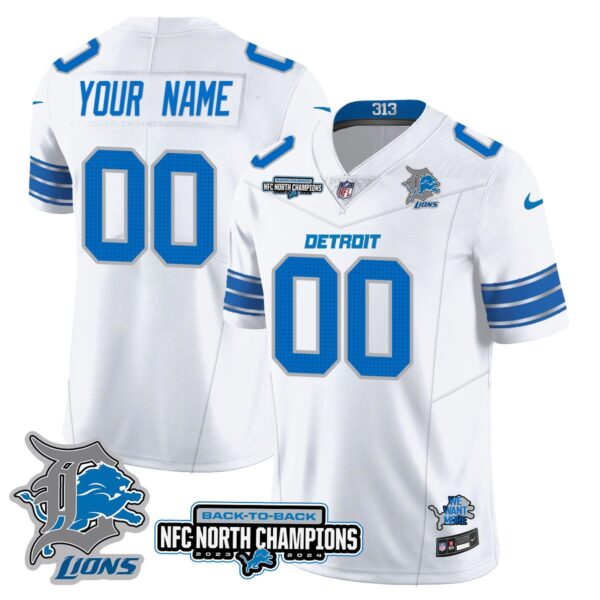Custom Gender/Name Detroit Lions 2024 NFC North Champions Gold Jersey N3 – All Stitched – White Jersey