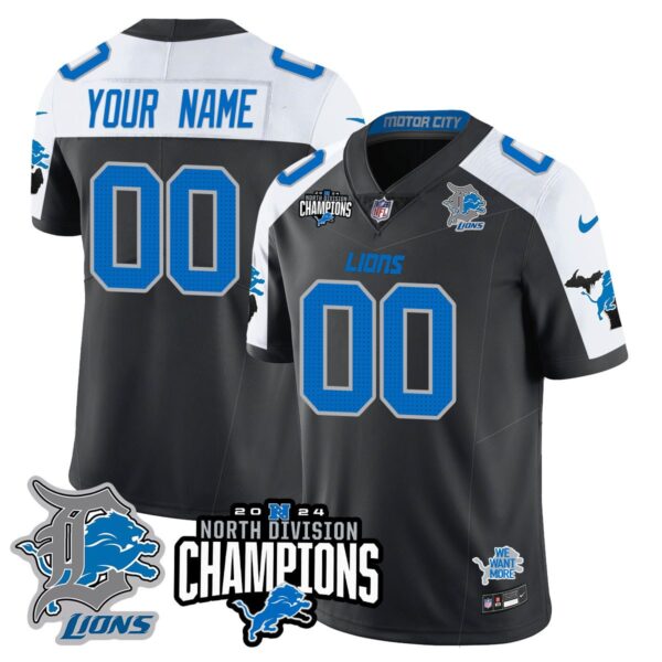 Custom Gender/Name Detroit Lions 2024 NFC North Champions Gold Jersey N2 – All Stitched – Black Alternate Jersey