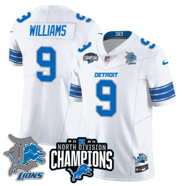 Detroit Lions 2024 NFC North Champions Gold Jersey N2 – All Stitched – Jameson Williams – 9 – White Jersey