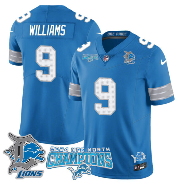 Detroit Lions 2024 NFC North Champions Gold Jersey N1 – All Stitched – Jameson Williams – 9 – Blue Jersey
