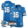 Detroit Lions 2024 NFC North Champions Gold Jersey N2 – All Stitched – Jared Goff – 16 – Blue Jersey