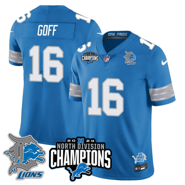 Detroit Lions 2024 NFC North Champions Gold Jersey N2 – All Stitched – Jared Goff – 16 – Blue Jersey