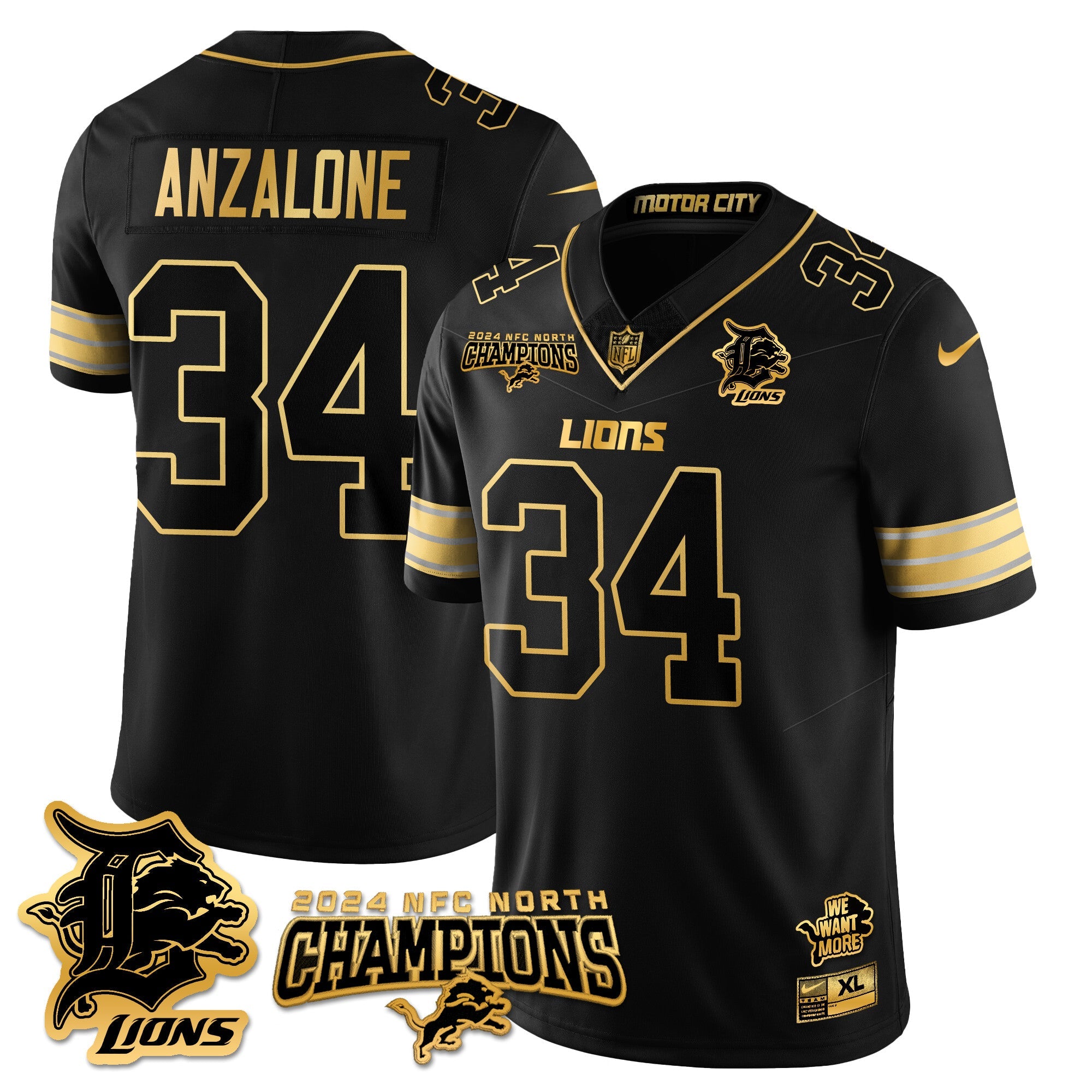Detroit Lions 2024 NFC North Champions Gold Jersey N1 – All Stitched – Alex Anzalone – 34 – Black Gold Jersey