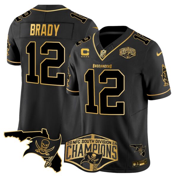 Buccaneers 2024 NFC South Division Champions Patch Gold Vapor Limited Jersey – All Stitched – Black Gold – Tom Brady Jersey