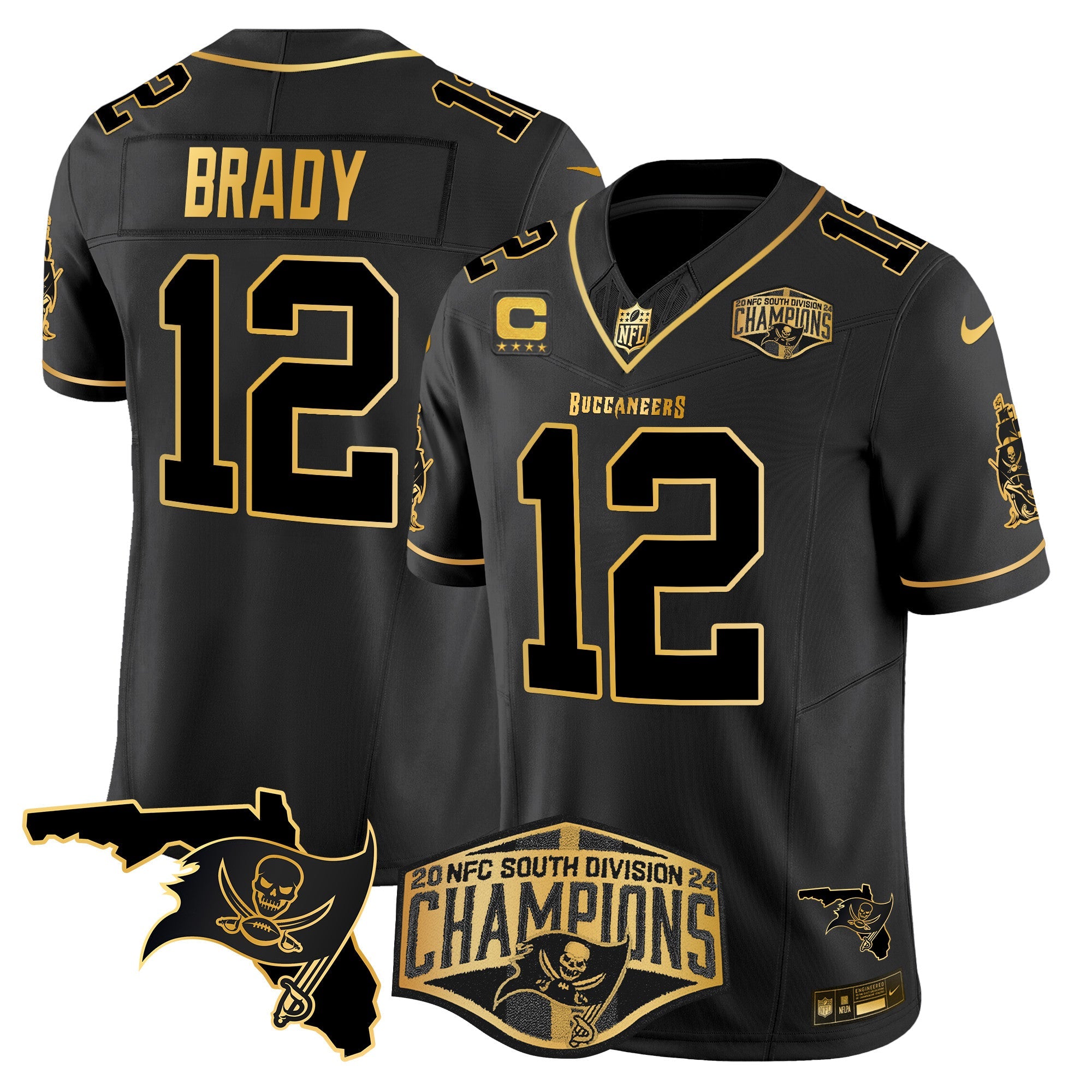 Buccaneers 2024 NFC South Division Champions Patch Gold Vapor Limited Jersey – All Stitched – Black Gold – Tom Brady Jersey