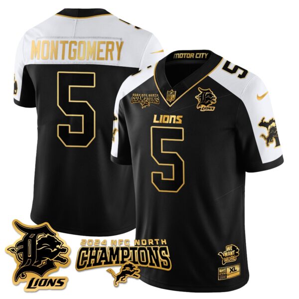 Detroit Lions 2024 NFC North Champions Gold Jersey N1 – All Stitched – David Montgomery – 5 – Alternate Jersey