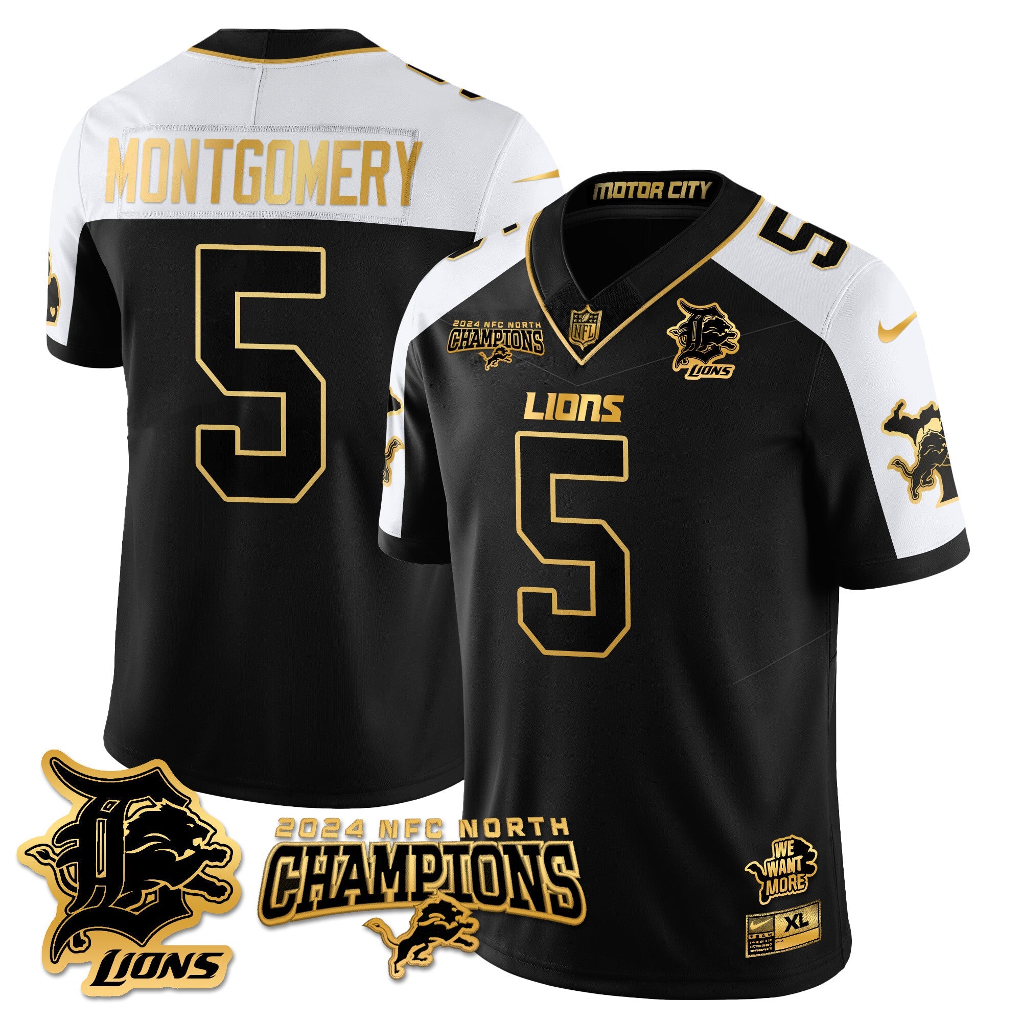 Detroit Lions 2024 NFC North Champions Gold Jersey N1 – All Stitched – David Montgomery – 5 – Alternate Jersey
