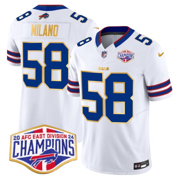 Bills 2024 AFC East Division Champions Gold Trim Vapor Limited Jersey – All Stitched – White – Matt Milano Jersey