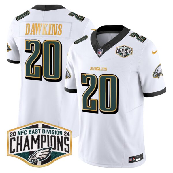 Eagles 2024 NFC East Division Champions Gold Trim Vapor Limited Jersey – All Stitched – White – Brian Dawkins Jersey