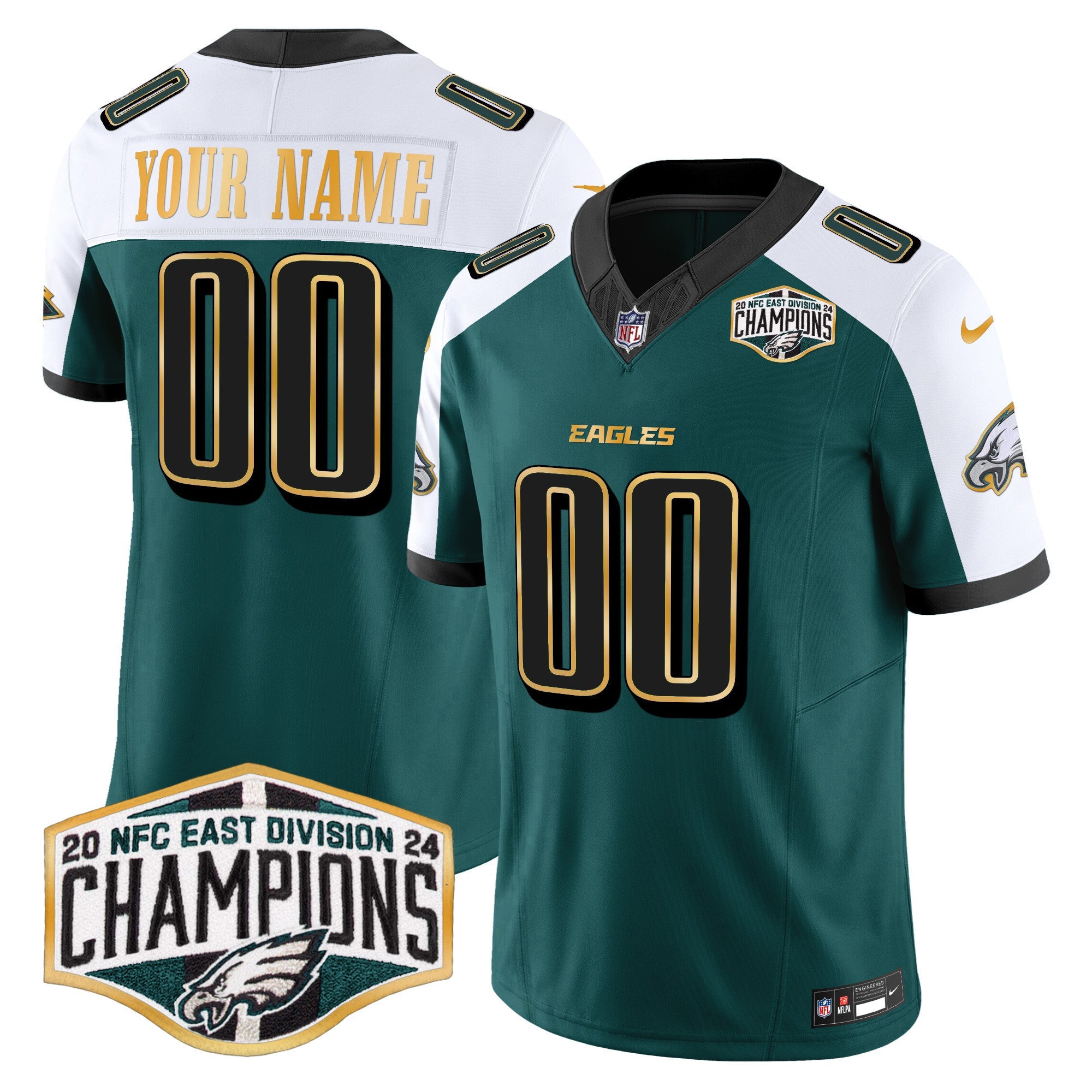 Eagles 2024 NFC East Division Champions Gold Trim Vapor Limited Custom Jersey – All Stitched – Green Alternate Jersey