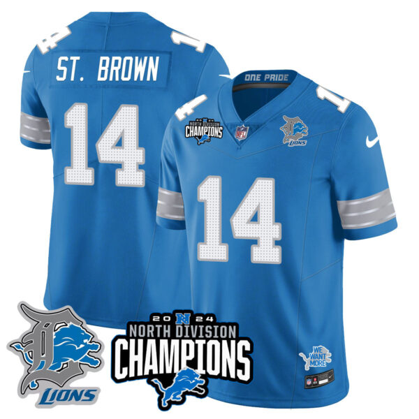 Detroit Lions 2024 NFC North Champions Gold Jersey N2 – All Stitched – Amon-Ra St. Brown – 14 – Blue Jersey