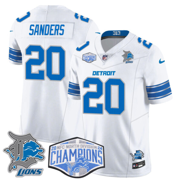 Detroit Lions 2024 NFC North Champions Gold Jersey – All Stitched – Barry Sanders – 20 – White Jersey