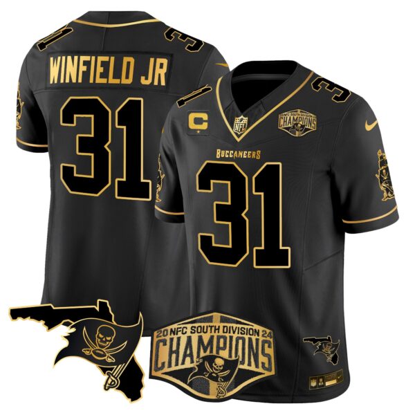 Buccaneers 2024 NFC South Division Champions Patch Gold Vapor Limited Jersey – All Stitched – Black Gold – Antoine Winfield Jr. Jersey