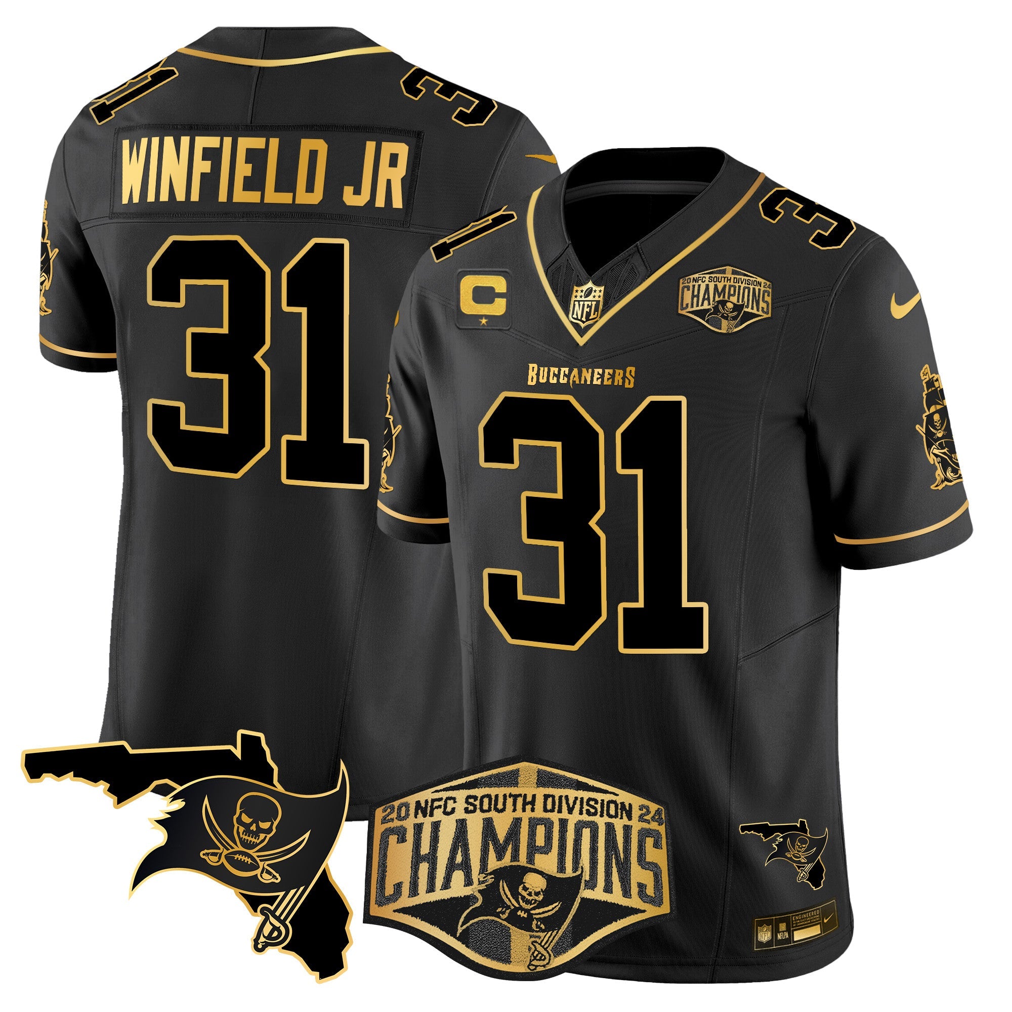 Buccaneers 2024 NFC South Division Champions Patch Gold Vapor Limited Jersey – All Stitched – Black Gold – Antoine Winfield Jr. Jersey