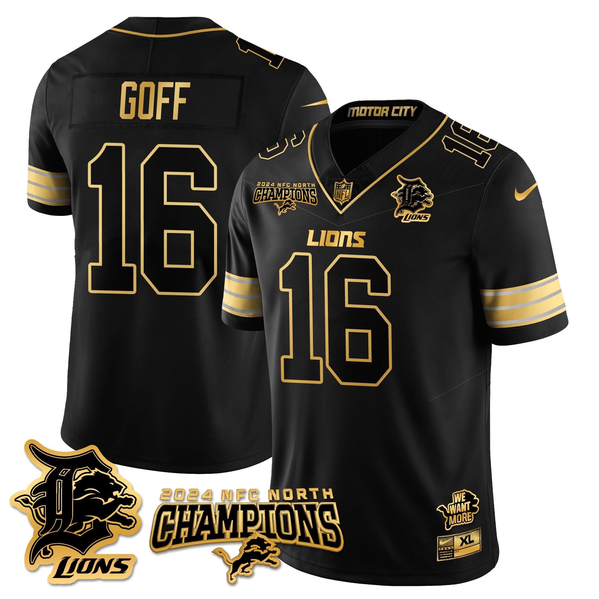 Detroit Lions 2024 NFC North Champions Gold Jersey N1 – All Stitched – Jared Goff – 16 – Black Gold Jersey