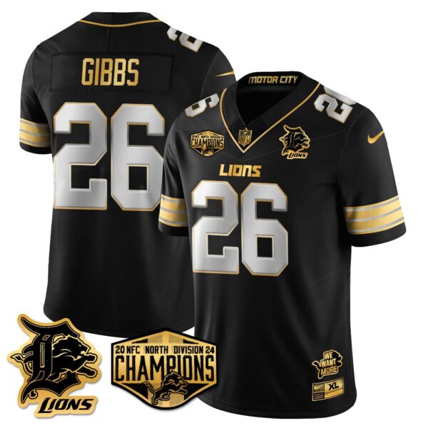 Detroit Lions 2024 NFC North Champions Gold Jersey – All Stitched – Jahmyr Gibbs – 26 – Black Limited Jersey