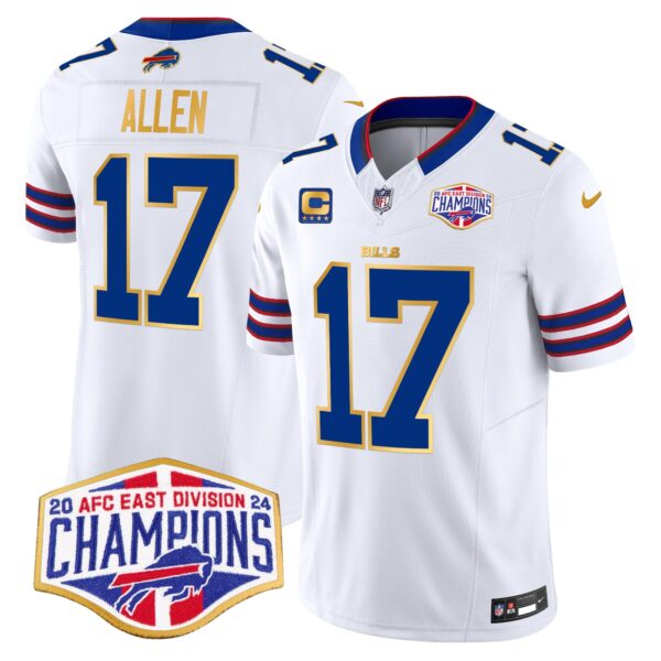Bills 2024 AFC East Division Champions Gold Trim Vapor Limited Jersey – All Stitched – White – Josh Allen Jersey
