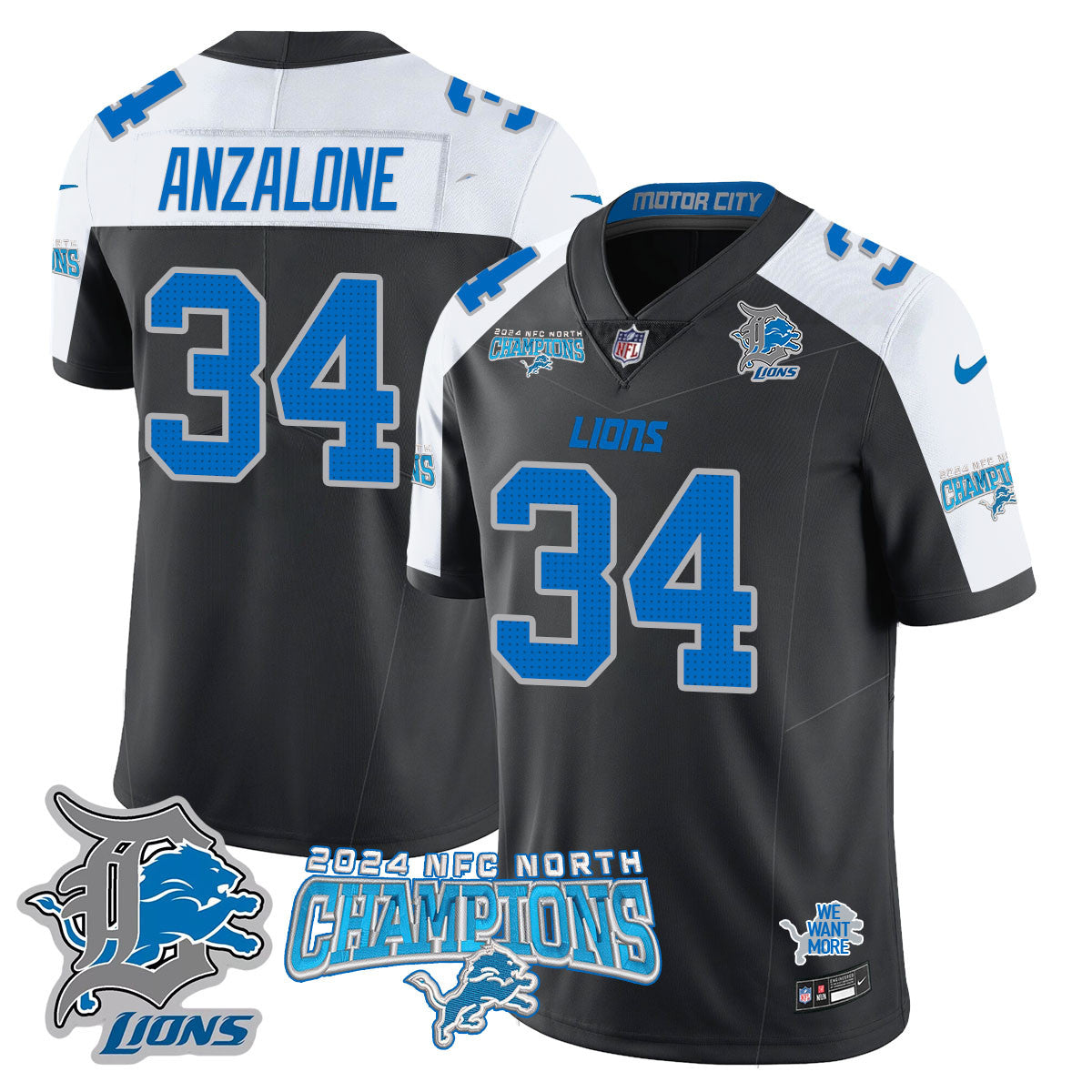 Detroit Lions 2024 NFC North Champions Gold Jersey N1 – All Stitched – Alex Anzalone – 34 – Black Alternate Jersey