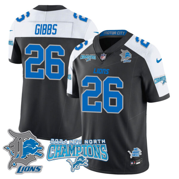 Detroit Lions 2024 NFC North Champions Gold Jersey N1 – All Stitched – Jahmyr Gibbs – 26 – Black Alternate Jersey