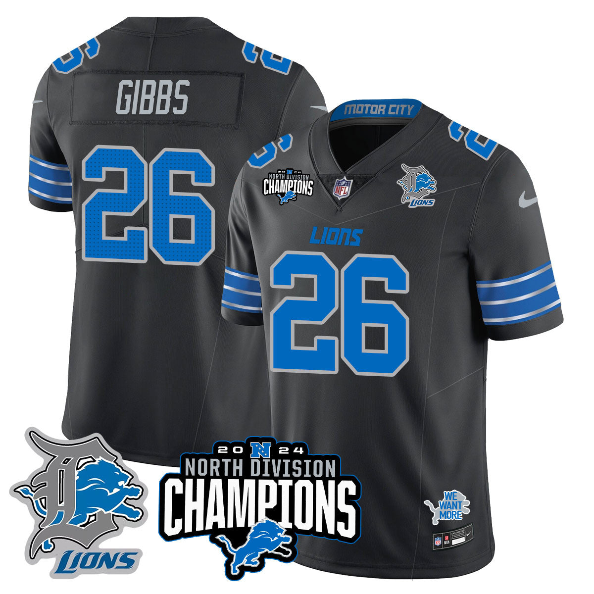 Detroit Lions 2024 NFC North Champions Gold Jersey N2 – All Stitched – Jahmyr Gibbs – 26 – Black Jersey