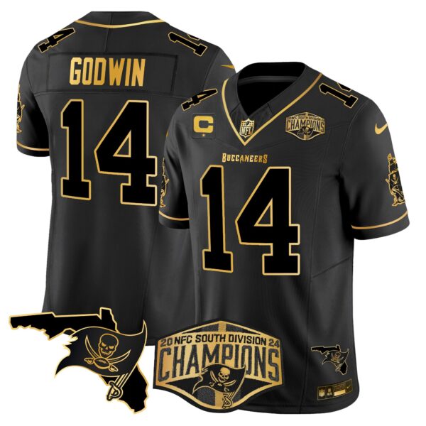 Buccaneers 2024 NFC South Division Champions Patch Gold Vapor Limited Jersey – All Stitched – Black Gold – Chris Godwin Jersey
