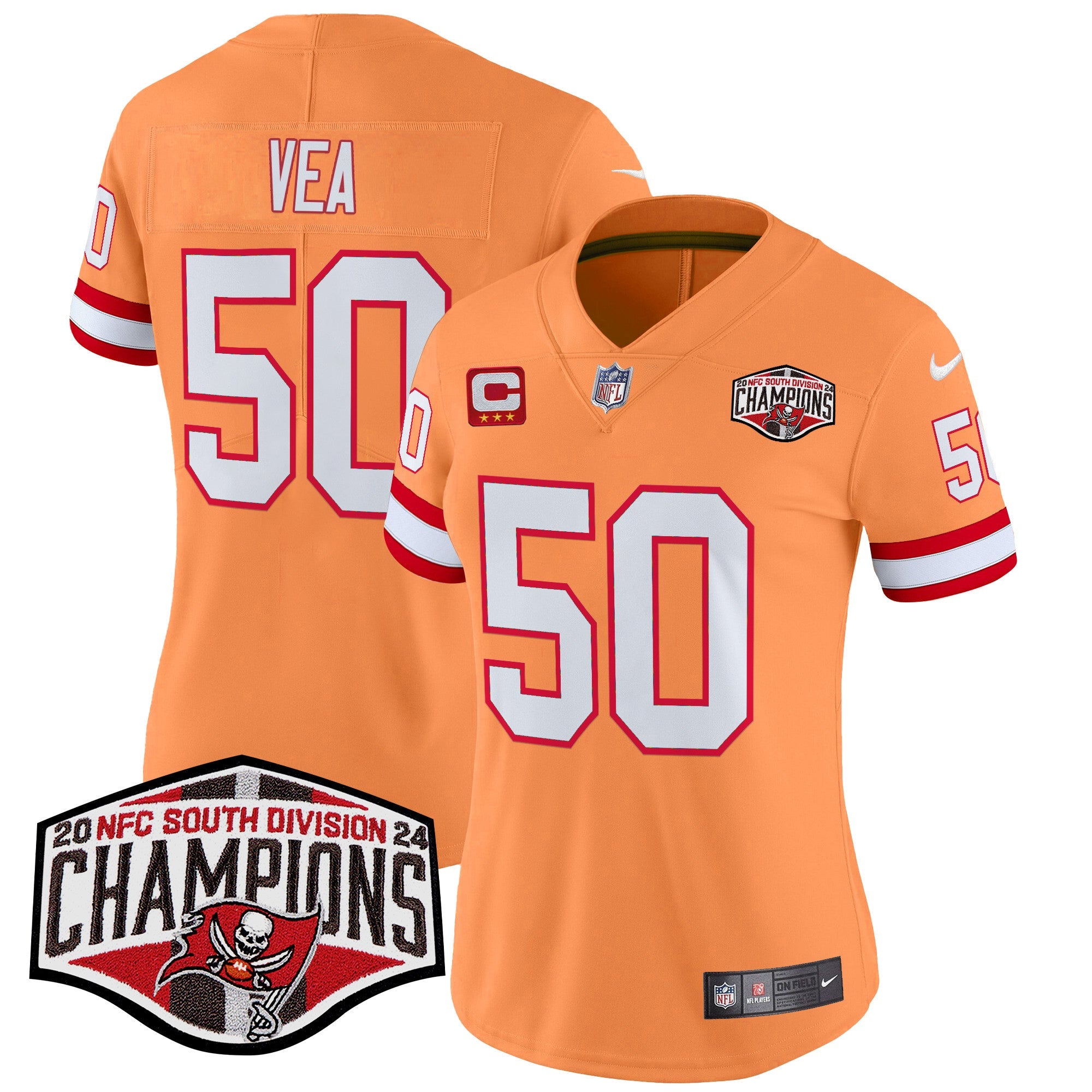 Women’s Tampa Bay Buccaneers Creamsicle 2024 NFC South Division Champions Patch Vapor Limited Jersey – All Stitched – Creamsicle – Vita Vea Jersey