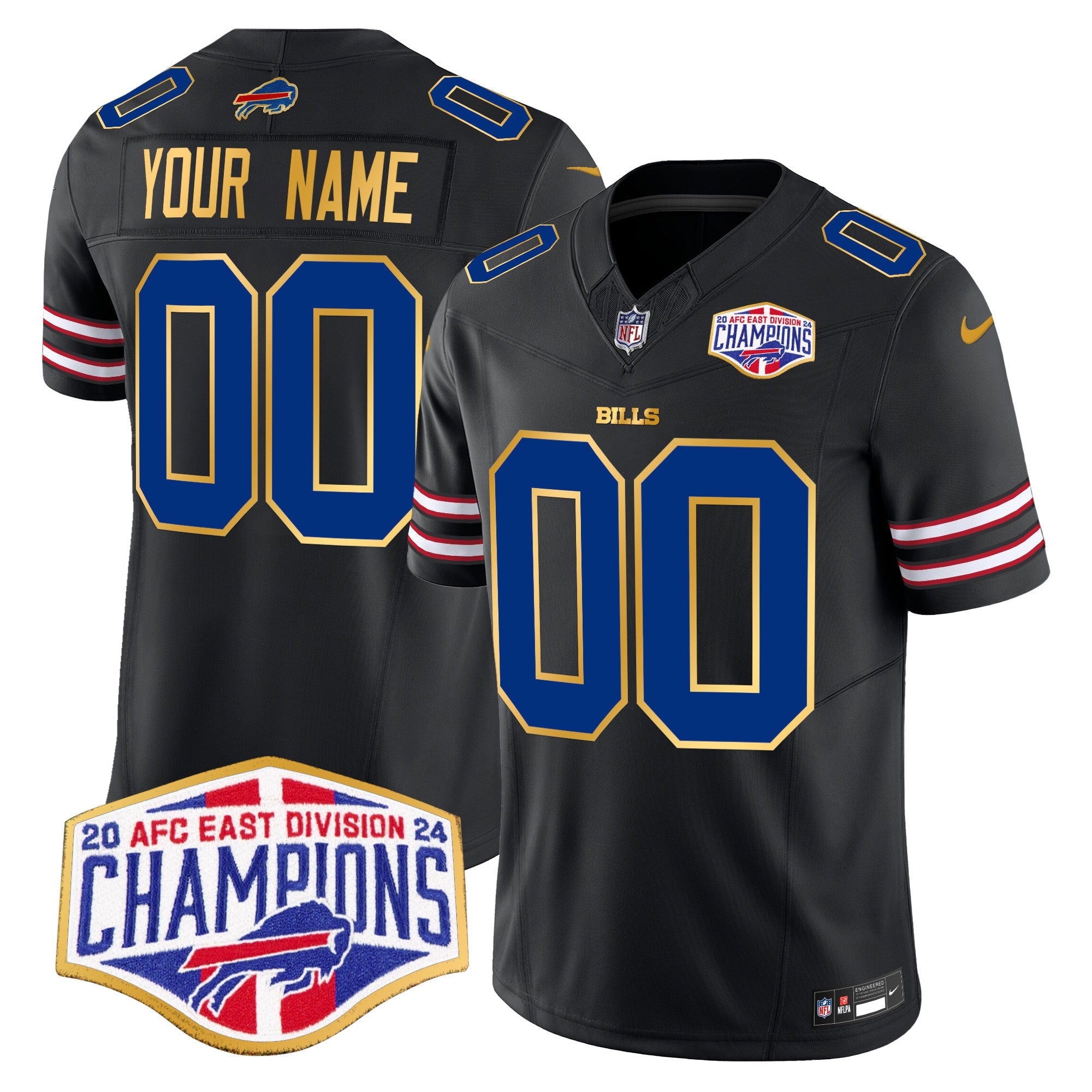 Bills 2024 AFC East Division Champions Gold Trim Vapor Limited Custom Jersey – All Stitched – Black Jersey