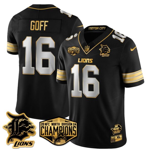 Detroit Lions 2024 NFC North Champions Gold Jersey – All Stitched – Jared Goff – 16 – Black Limited Jersey