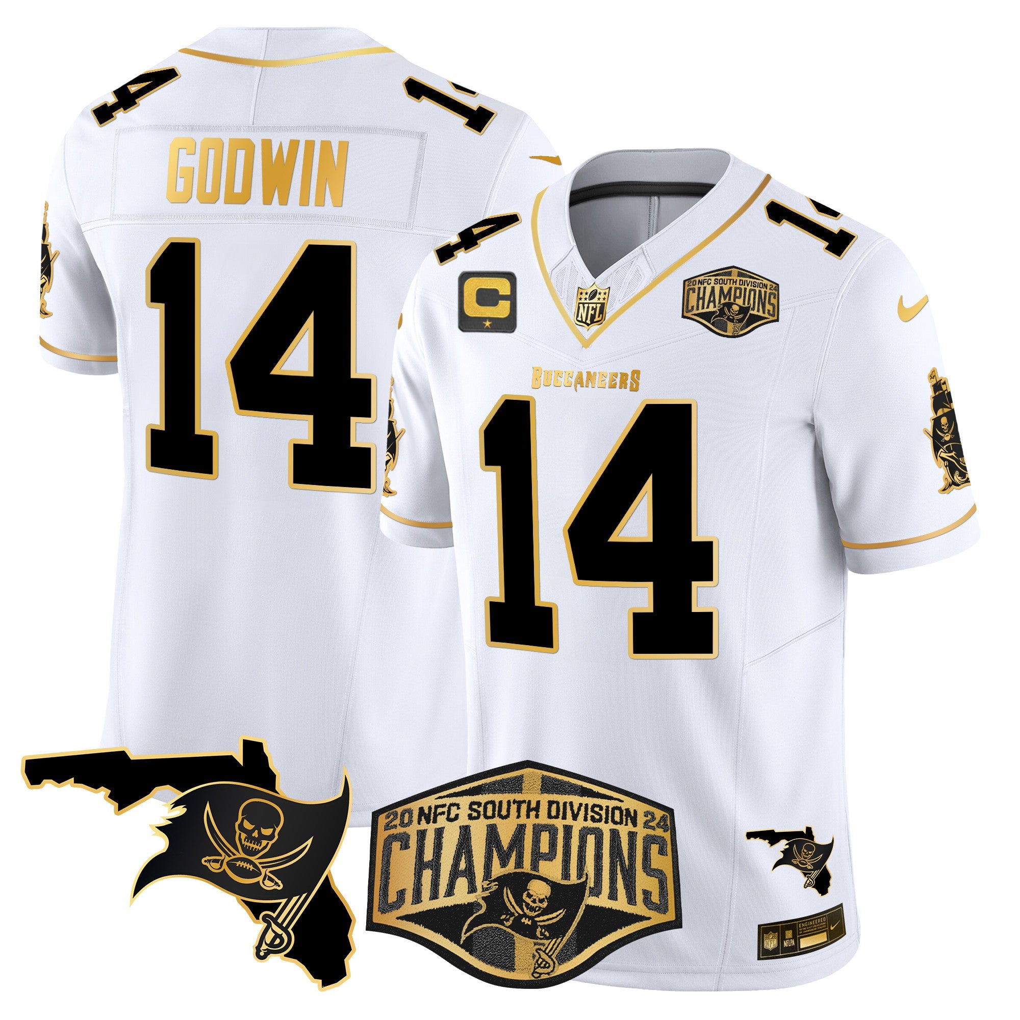 Buccaneers 2024 NFC South Division Champions Patch Gold Vapor Limited Jersey – All Stitched – White Gold – Chris Godwin Jersey