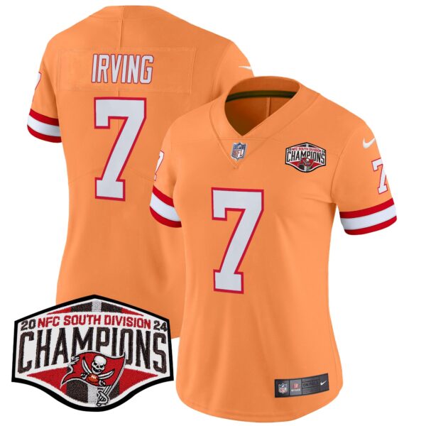 Women’s Tampa Bay Buccaneers Creamsicle 2024 NFC South Division Champions Patch Vapor Limited Jersey – All Stitched – Creamsicle – Bucky Irving Jersey