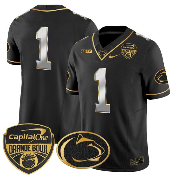 Penn State Nittany Lions Orange Bowl Patch Gold Vapor Limited Jersey – All Stitched – Black Limited – #1 Team Jersey