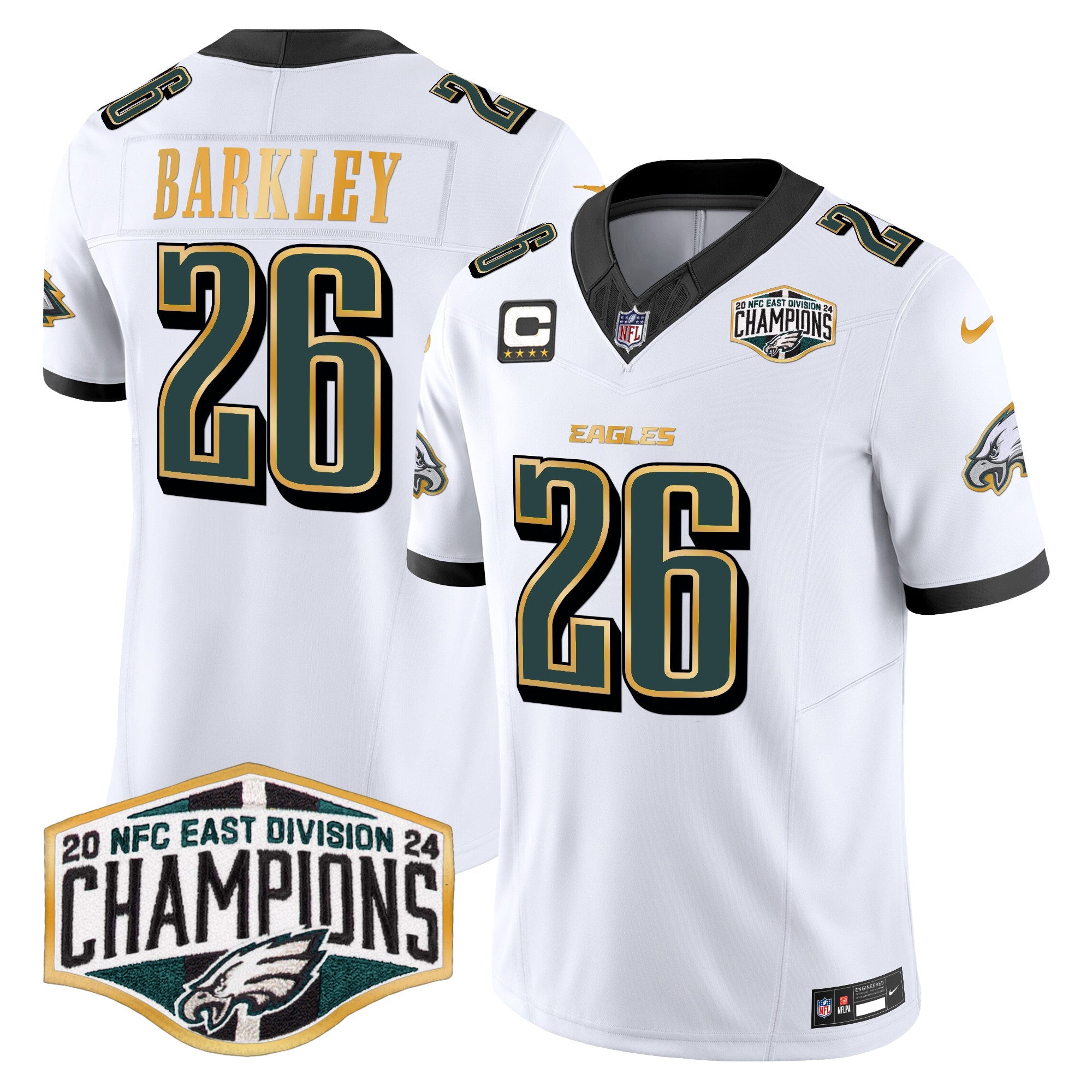 Eagles 2024 NFC East Division Champions Gold Trim Vapor Limited Jersey – All Stitched – White – Saquon Barkley Jersey