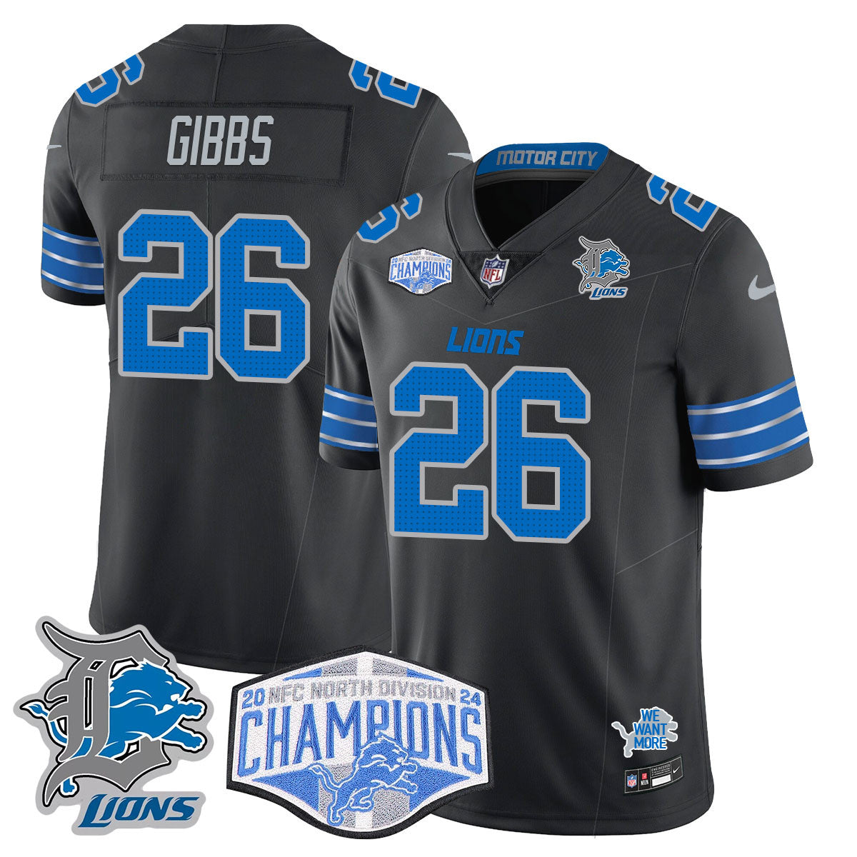 Detroit Lions 2024 NFC North Champions Gold Jersey – All Stitched – Jahmyr Gibbs – 26 – Black Jersey