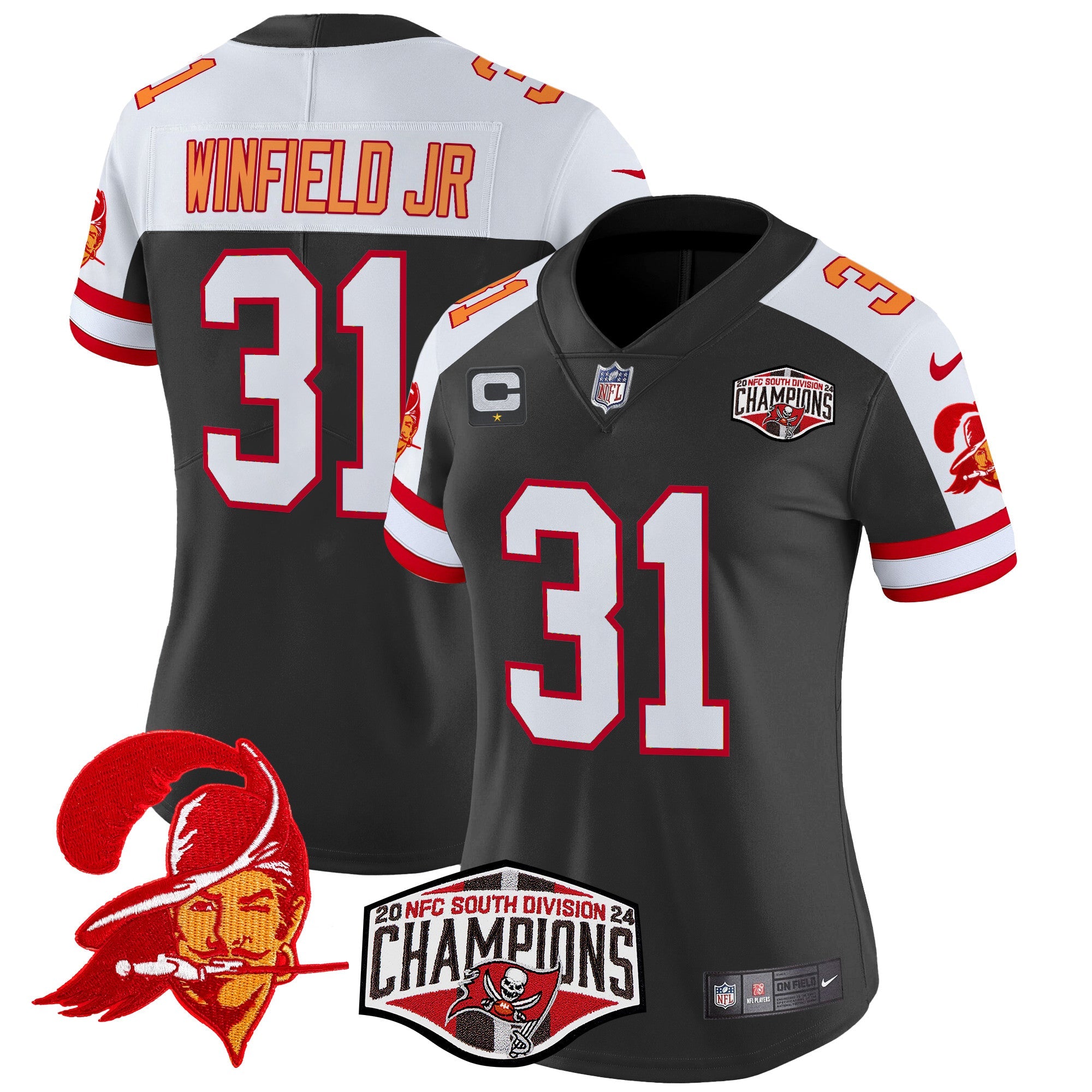 Women’s Tampa Bay Buccaneers Creamsicle 2024 NFC South Division Champions Patch Vapor Limited Jersey – All Stitched – Black Alternate – Antoine Winfield Jr. Jersey