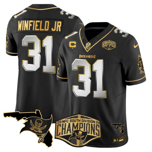 Buccaneers 2024 NFC South Division Champions Patch Gold Vapor Limited Jersey – All Stitched – Black Limited – Antoine Winfield Jr. Jersey